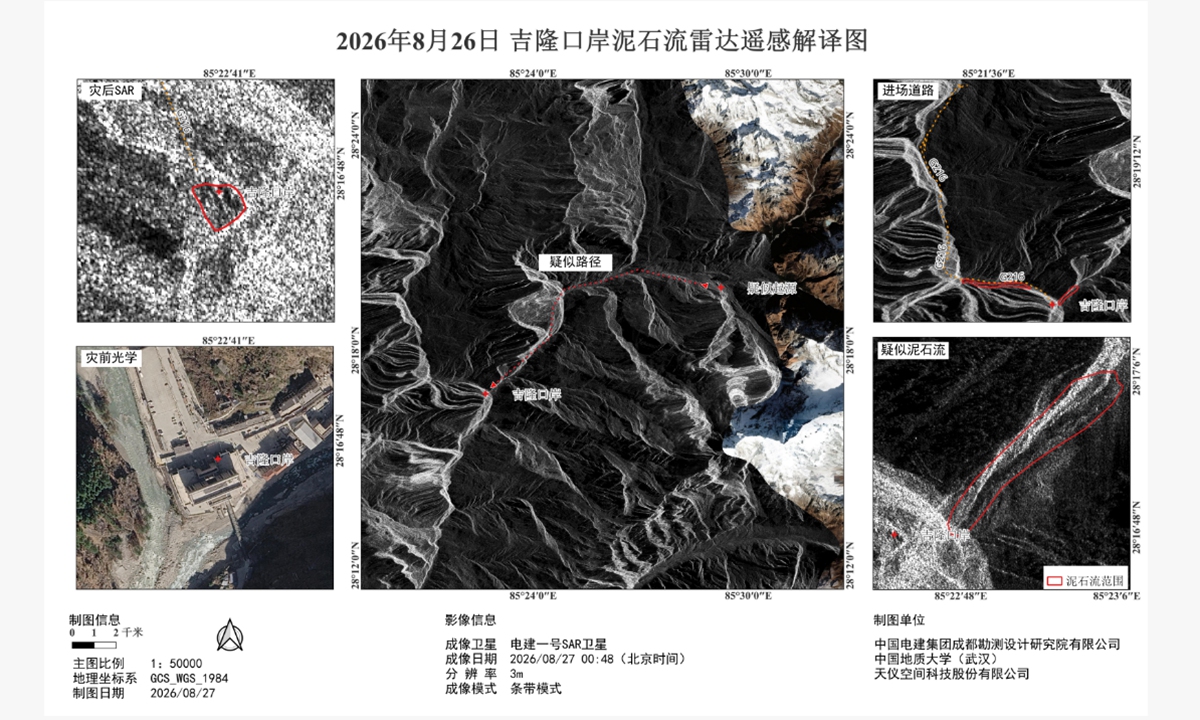 A radar remote-sensing interpretation image of the mudslide-hit Gyirong Port in Gyirong County, Southwest China's Xizang Autonomous Region, on August 26, 2026. Photo: Courtesy of POWERCHINA Chengdu
