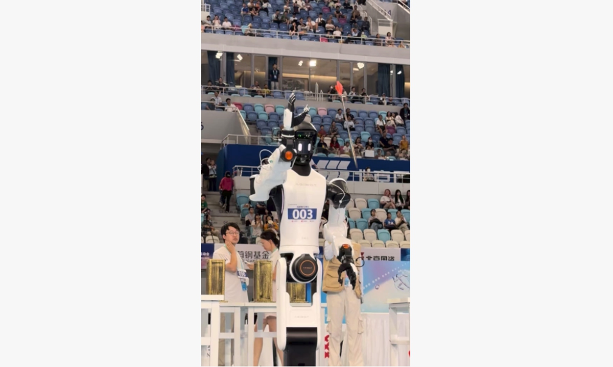 The AgiBot Genie G2 robot at the pitch-pot competition of the 2nd World Humanoid Robot Games on August 26, 2026. Photo: Courtesy of Wang Wenhao