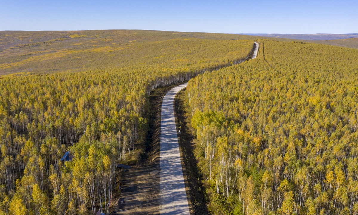 Autumn scenery along the G331 national highway as it stretches eastward through the Greater Hinggan Mountains in Northeast China's Heilongjiang Province, Sept. 19, 2021. Photo: VCG