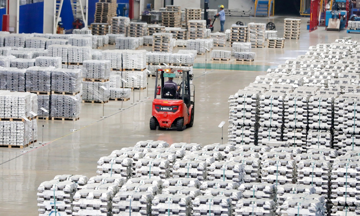 A forklift moves through stacks of aluminum products ready for shipment at a new materials manufacturer in Suixi county, Huaibei, East China's Anhui Province, on August 28, 2026. The county is now home to more than 100 aluminum-related companies, including 75 above-designated-size enterprises, with a combined annual processing capacity of 1.68 million tons. Photo: VCG