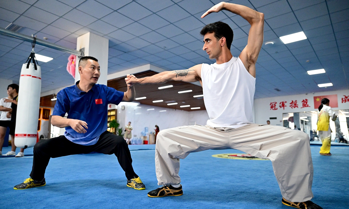 A coach instructs a French student in Chinese martial arts at a training facility in Yanshan county, Shangrao, East China's Jiangxi Province, on August 27, 2026. Photo: VCG