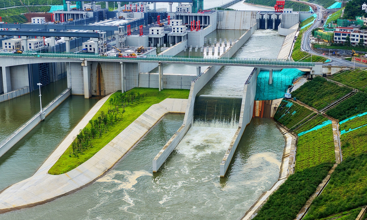 An aerial view of the Madao hub of the Pinglu Canal in Lingshan county, South China's Guangxi Zhuang Autonomous Region. 