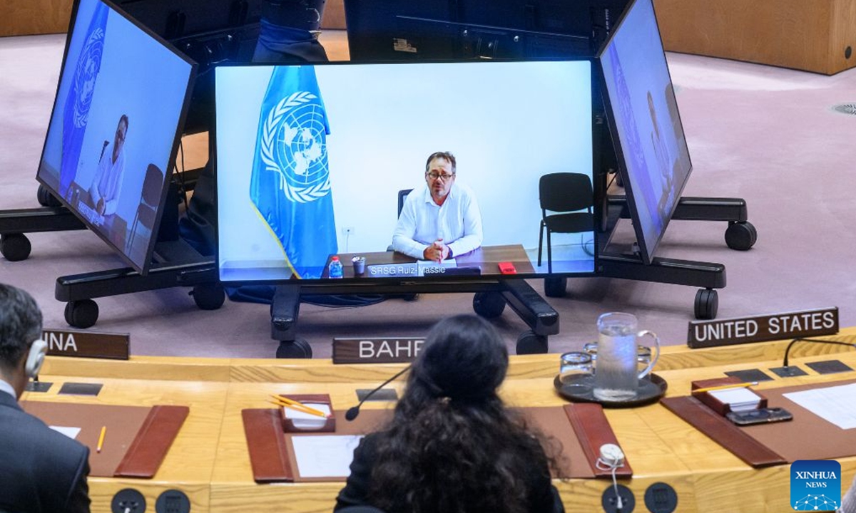 The UN secretary-general's special representative for Haiti, Ruiz Massieu (on screens), speaks via a video link at a Security Council meeting at the UN headquarters in New York, Aug. 28, 2026. Massieu on Friday called for stepped-up international security support for the country following a gang massacre that killed at least 47 people. (Loey Felipe/UN Photo/Handout via Xinhua)

