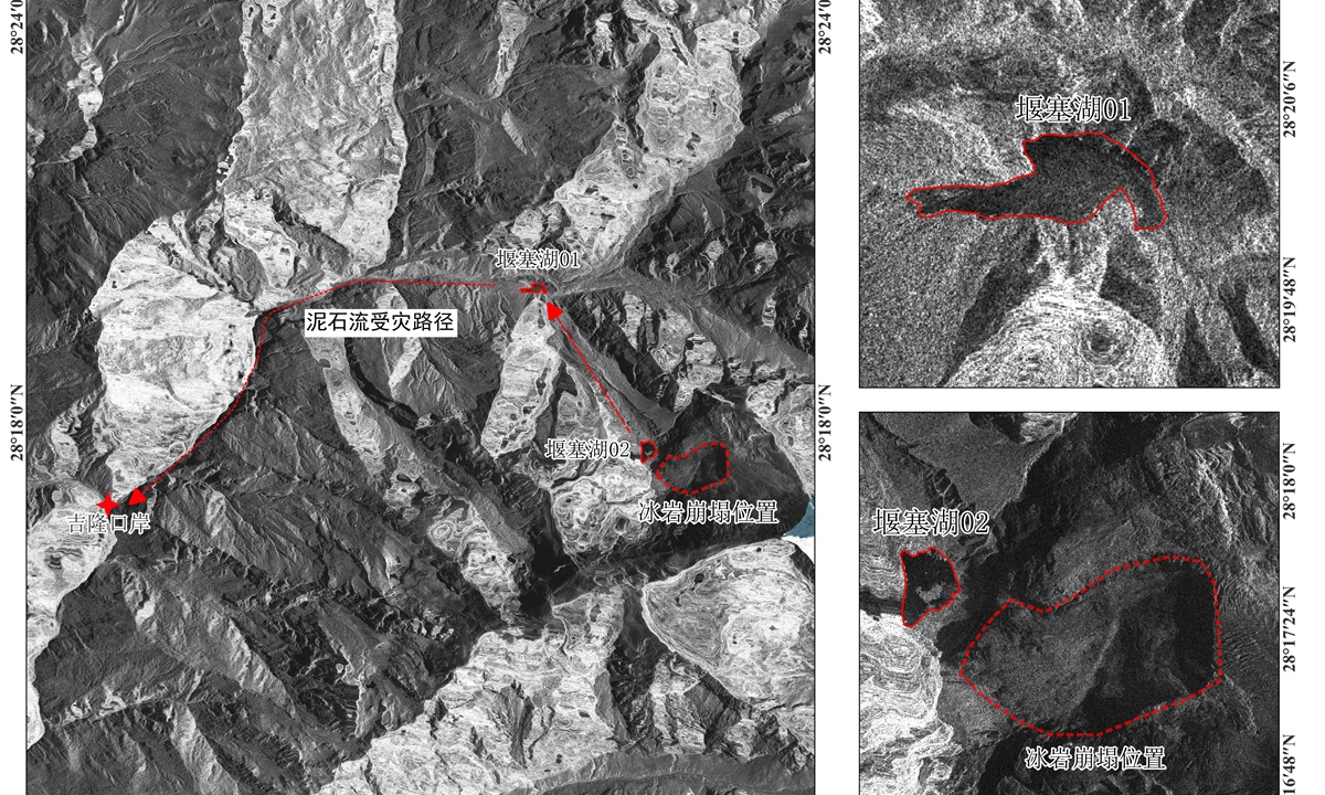 Satellite imagery shows two potentially hazardous barrier lakes near Gyirong Port.