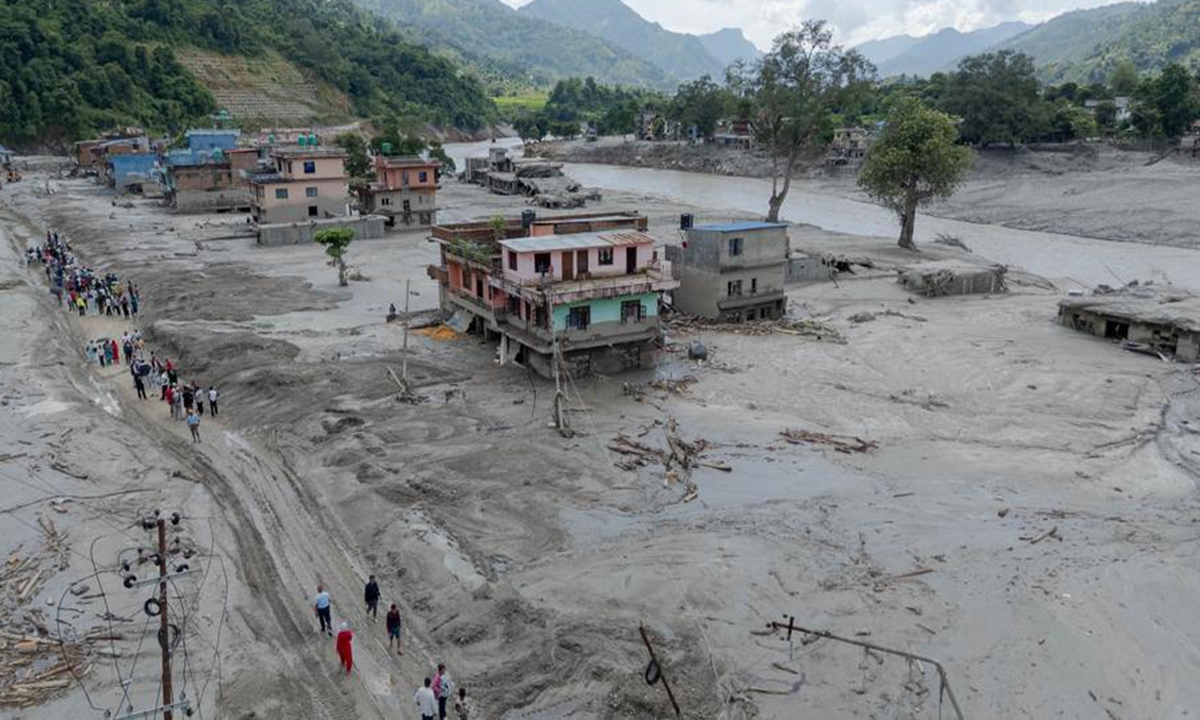 A drone photo taken on Aug. 27, 2026 shows a view of a flood-hit area in Nuwakot, Nepal. Photo: Xinhua