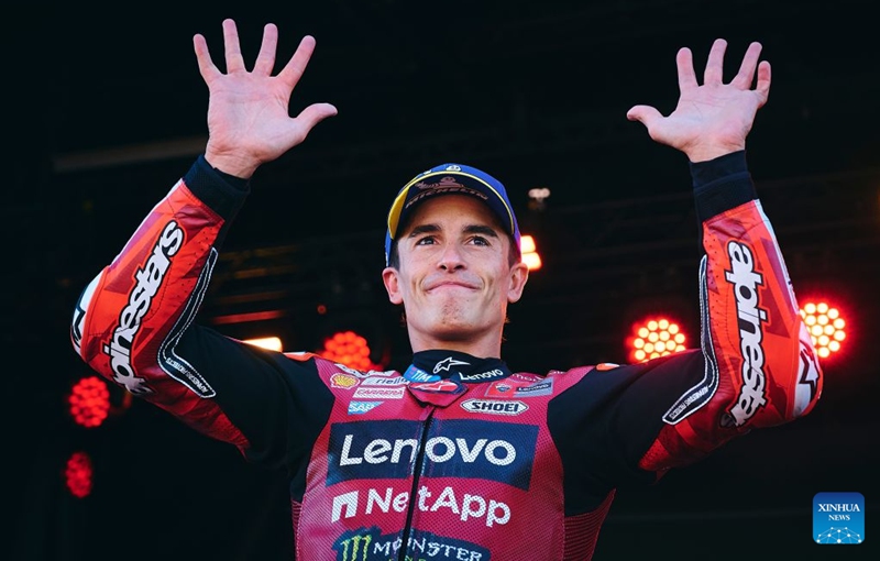 Ducati Lenovo Team's Marc Marquez of Spain celebrates after the sprint race of the MotoGP Aragon Grand Prix 2026 at Motorland Aragon Circuit, Alcaniz, Spain, Aug. 29, 2026. Photo: Xinhua