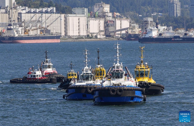 Tugboats take part in a marine demonstration during the Port Day event in Vancouver, British Columbia, Canada, Aug. 29, 2026. The annual event showcased the local maritime industry and its role in moving Canadian trade, featuring marine demonstrations and interactive exhibits that allowed the public to learn about local port operations and safety practices. (Photo by Liang Sen/Xinhua)