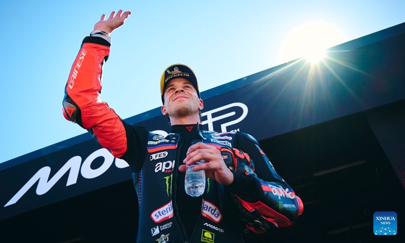 Aprilia Racing's Marco Bezzecchi of Italy celebrates after the sprint race of the MotoGP Aragon Grand Prix 2026 at Motorland Aragon Circuit, Alcaniz, Spain, Aug. 29, 2026. Photo: Xinhua