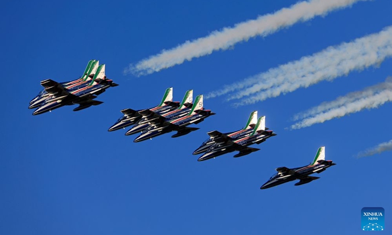 The Italian aerobatic squad Frecce Tricolori performs during the Bucharest International Air Show 2026 in Bucharest, Romania, on Aug. 28, 2026. (Photo by Cristian Cristel/Xinhua)