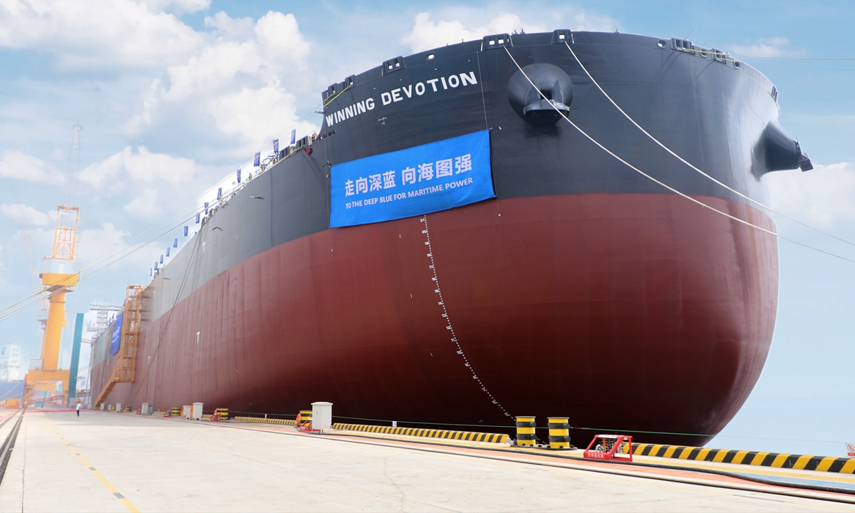 Winning Devotion, a 325,000-deadweight-ton (DWT) very large ore carrier (VLOC), berths in Dalian, Northeast China's Liaoning Province, on August 30, 2026. The vessel, one of two 325,000-DWT VLOCs built by Hengli Heavy Industries for Winning International Group, is named in Dalian that day. Photo: VCG
