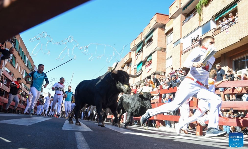 People attend the Bull Run on a street of San Sebastian de los Reyes, Spain, Aug. 29, 2026. Running of the bulls is a traditional event held in many towns and cities across Spain, often as part of local festivals. (Photo by Gustavo Valiente/Xinhua)