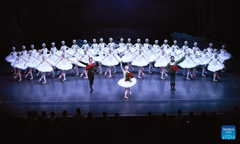 Dancers from the Shanghai Ballet take a bow to audience in The Hague, the Netherlands, on Aug. 28, 2026. (Xinhua/Shao Haijun)