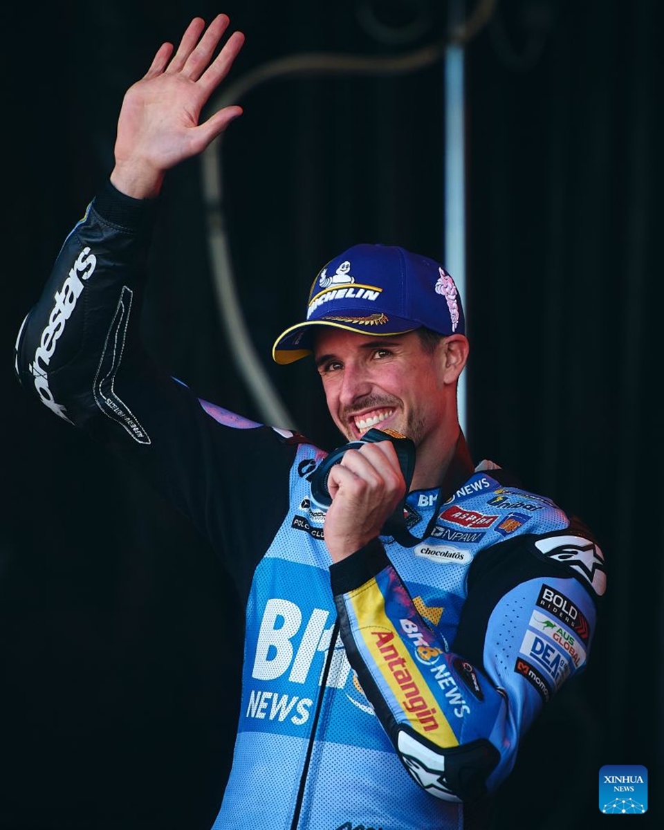 BK8 Gresini Racing's Alex Marquez of Spain celebrates after the sprint race of the MotoGP Aragon Grand Prix 2026 at Motorland Aragon Circuit, Alcaniz, Spain, Aug. 29, 2026. Photo: Xinhua