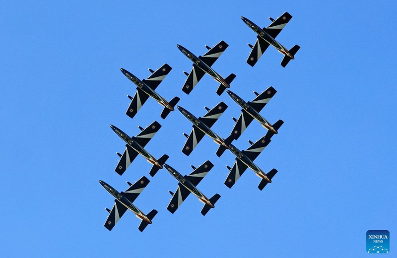 The Italian aerobatic squad Frecce Tricolori performs during the Bucharest International Air Show 2026 in Bucharest, Romania, on Aug. 28, 2026. (Photo by Cristian Cristel/Xinhua)