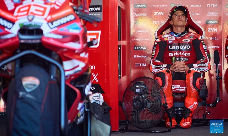 Ducati Lenovo Team's Marc Marquez of Spain reacts before the sprint race of the MotoGP Aragon Grand Prix 2026 at Motorland Aragon Circuit, Alcaniz, Spain, Aug. 29, 2026. Photo: Xinhua