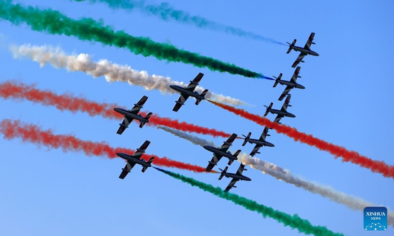 The Italian aerobatic squad Frecce Tricolori performs during the Bucharest International Air Show 2026 in Bucharest, Romania, on Aug. 28, 2026. (Photo by Cristian Cristel/Xinhua)