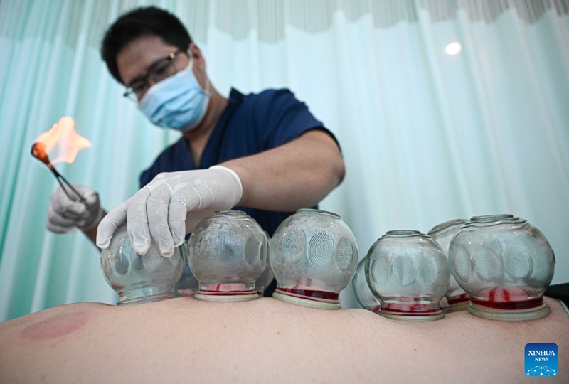 A foreigner experiences cupping therapy at Sanya International Friendship Sanatorium of Traditional Chinese Medicine (TCM) in Sanya, south China's Hainan Province, Aug. 27, 2026. Photo: Xinhua