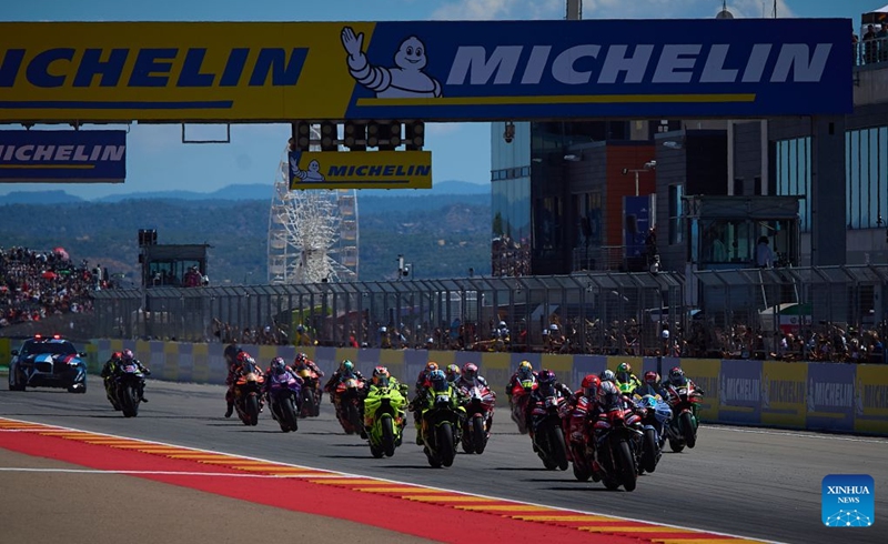 Riders compete during the sprint race of the MotoGP Aragon Grand Prix 2026 at Motorland Aragon Circuit, Alcaniz, Spain, Aug. 29, 2026. Photo: Xinhua