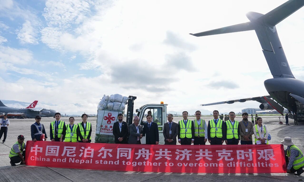 Two Y-20 transport aircraft of the Chinese People's Liberation Army Air Force carrying emergency relief supplies arrive at Tribhuvan International Airport in Kathmandu, Nepal, at around 7 am local time on August 30, 2026. Four Chinese tunnel rescue experts, along with rescue equipment, arrived on board the aircraft. Photo: Chinese Embassy in Nepal