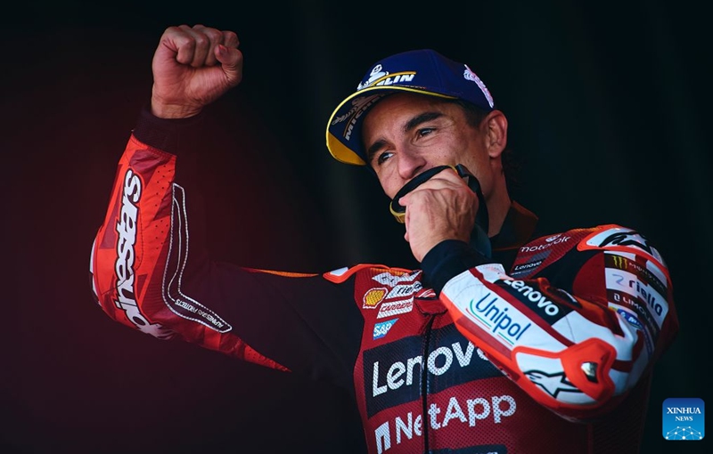 Ducati Lenovo Team's Marc Marquez of Spain celebrates after the sprint race of the MotoGP Aragon Grand Prix 2026 at Motorland Aragon Circuit, Alcaniz, Spain, Aug. 29, 2026. Photo: Xinhua