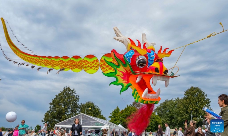 A Chinese Loong kite flies during the Riga International Kite Festival in Riga, Latvia, Aug. 29, 2026. (Photo by Edijs Palens/Xinhua)