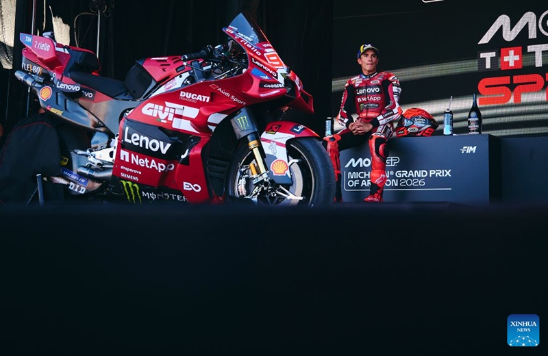 Ducati Lenovo Team's Marc Marquez of Spain reacts after the sprint race of the MotoGP Aragon Grand Prix 2026 at Motorland Aragon Circuit, Alcaniz, Spain, Aug. 29, 2026. Photo: Xinhua