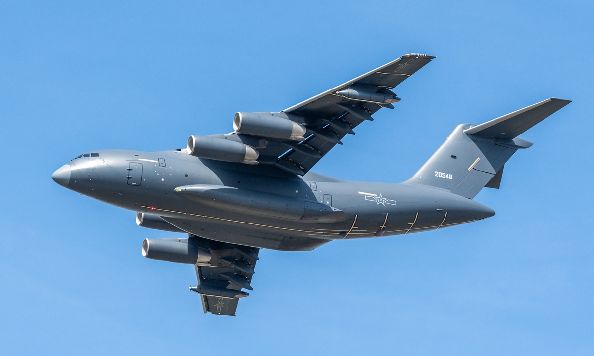 A YU-20 tanker aircraft takes part in a flying display during the 2025 aviation open-day activities of the Chinese People's Liberation Army Air Force and Changchun Air Show in Changchun, Northeast China's Jilin Province, on September 20, 2025. Photo: VCG