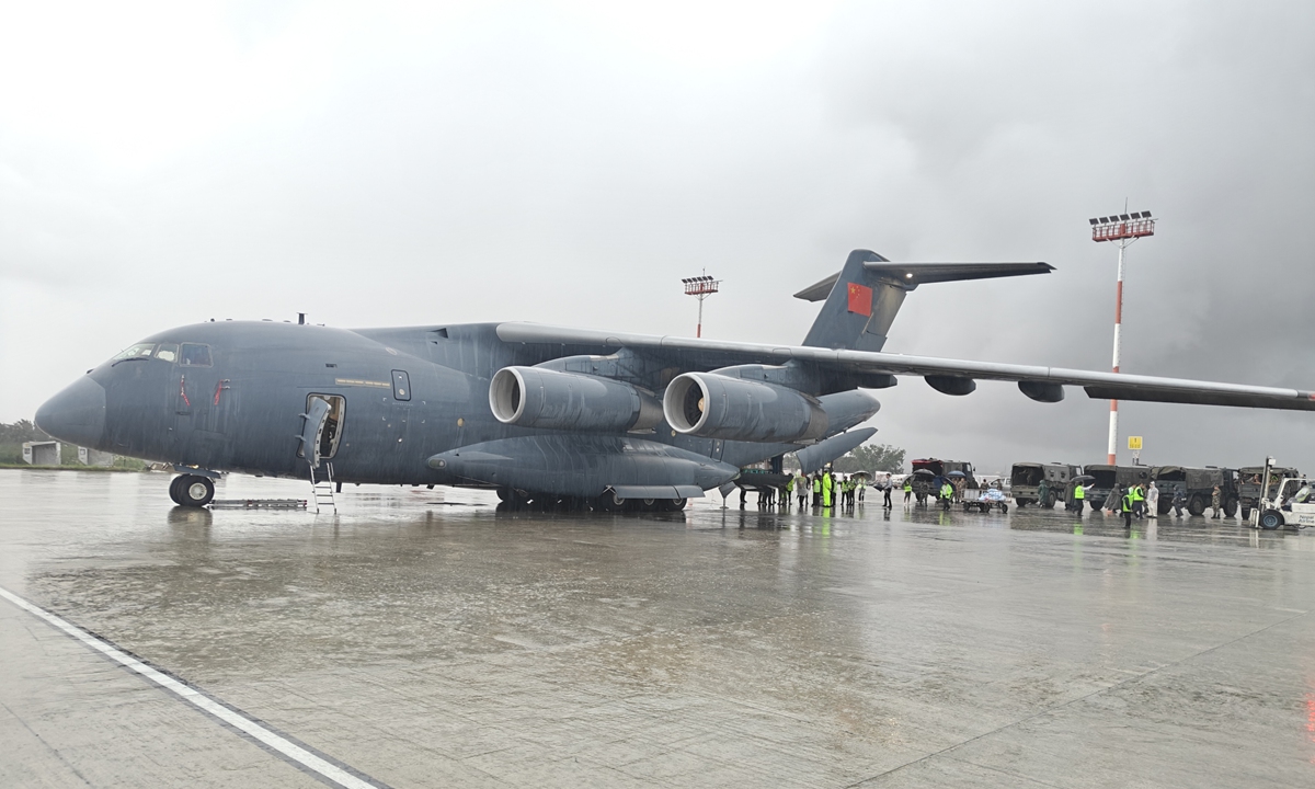 A Chinese Air Force Y-20 transport aircraft carrying drones, DNA testing equipment and reagents, water purification equipment, lighting equipment, and other supplies arrives at Tribhuvan International Airport in Kathmandu, Nepal, on September 1, 2026. Photo: Chinese People's Liberation Army Air Force