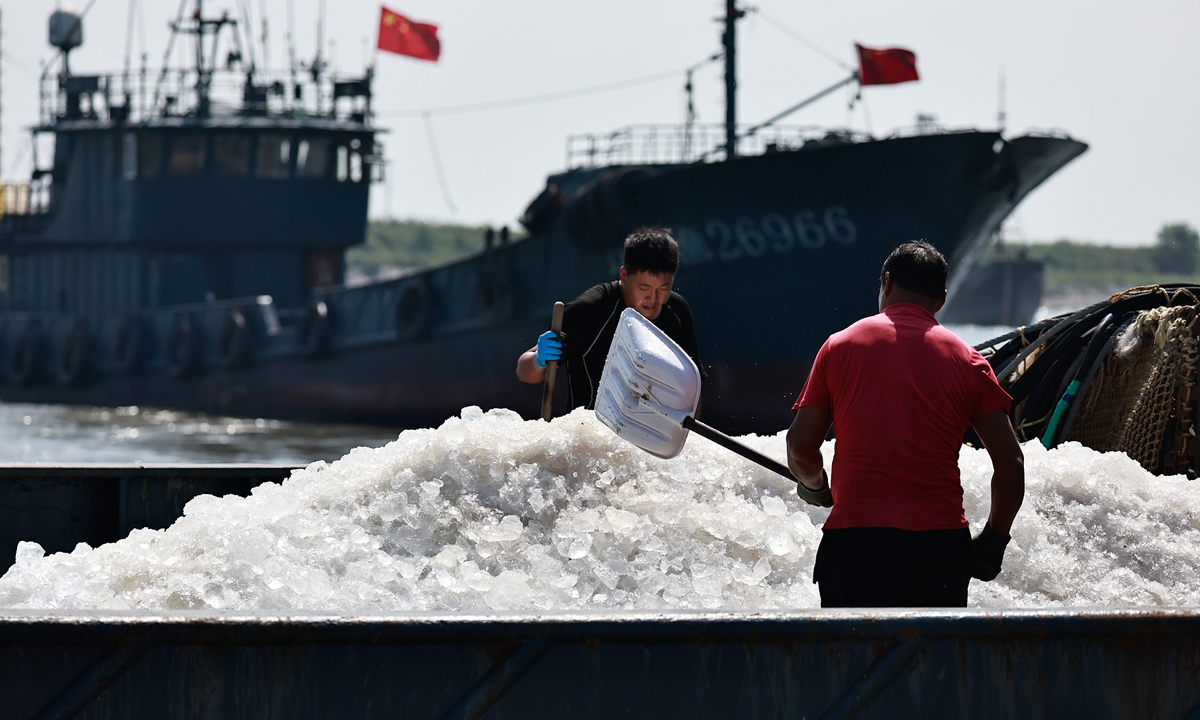 Workers handle ice used to keep seafood fresh at a fishing port in Dalian, Northeast China's Liaoning Province, on September 1, 2026, as the fishing moratorium in the Bohai and Yellow seas ends. Photo: VCG