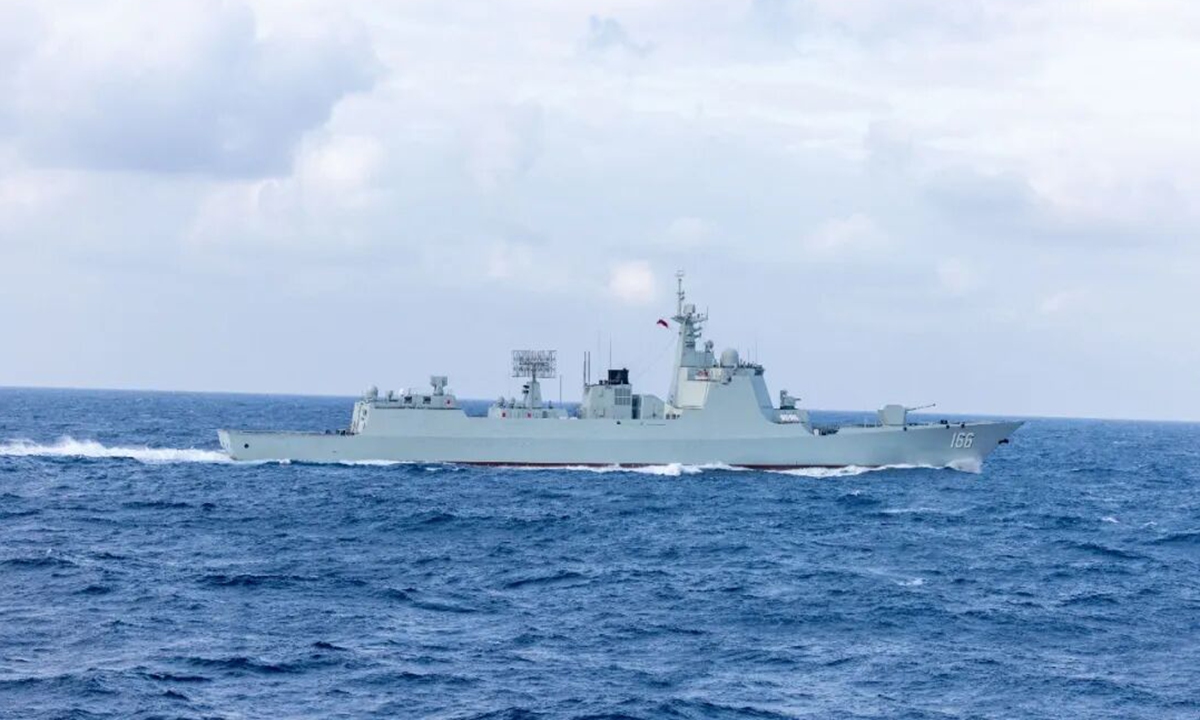 The Weinan (Hull 166), a Type 052D guided missile destroyer affiliated with the navy of the Chinese People's Liberation Army (PLA) Southern Theater Command, conducts multi-course training exercises across multiple sea regions in 2025. Photo: Screenshot from WeChat account of the PLA Southern Theater Command

