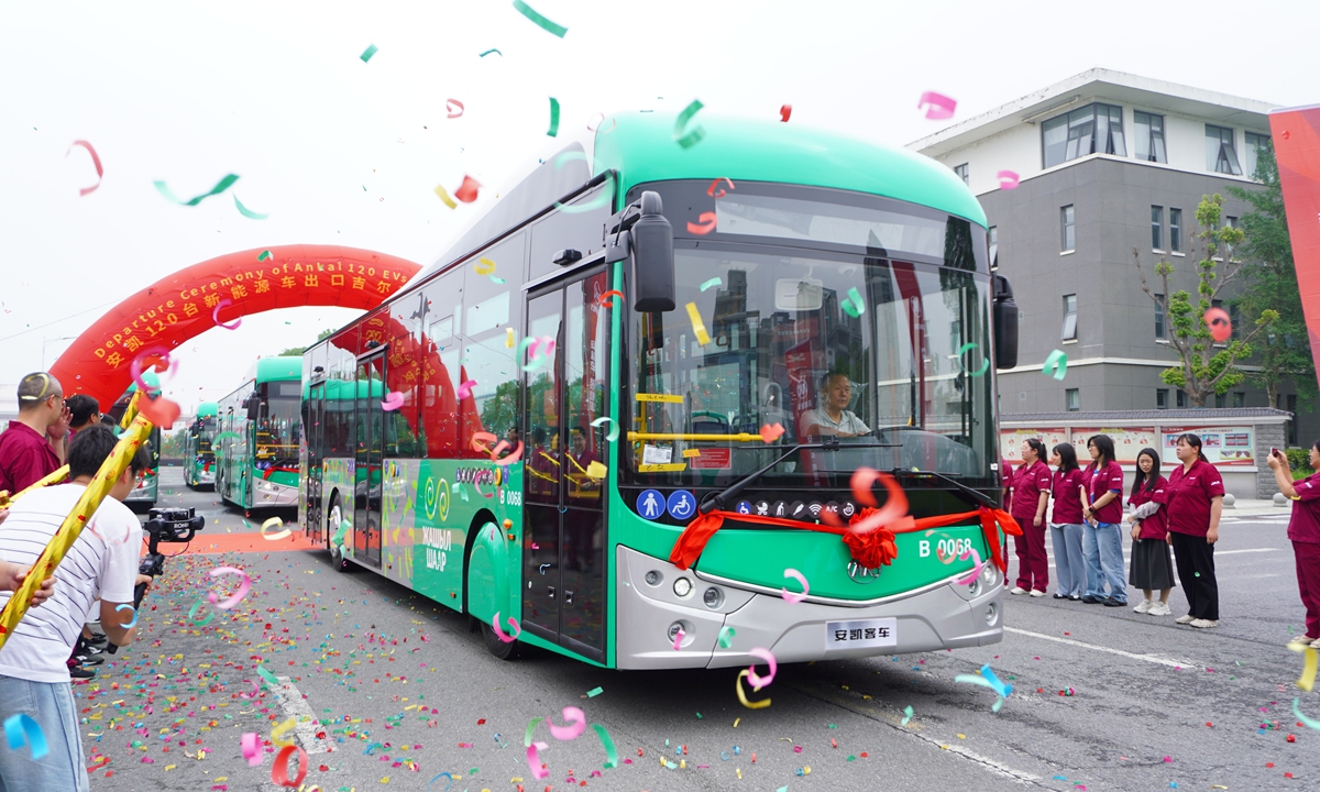 Ankai new-energy buses travel along a street in Hefei, East China's Anhui Province, on June 13, 2025. The buses are set to be exported to Kyrgyzstan in batches. Photo: Coutesy of Ankai