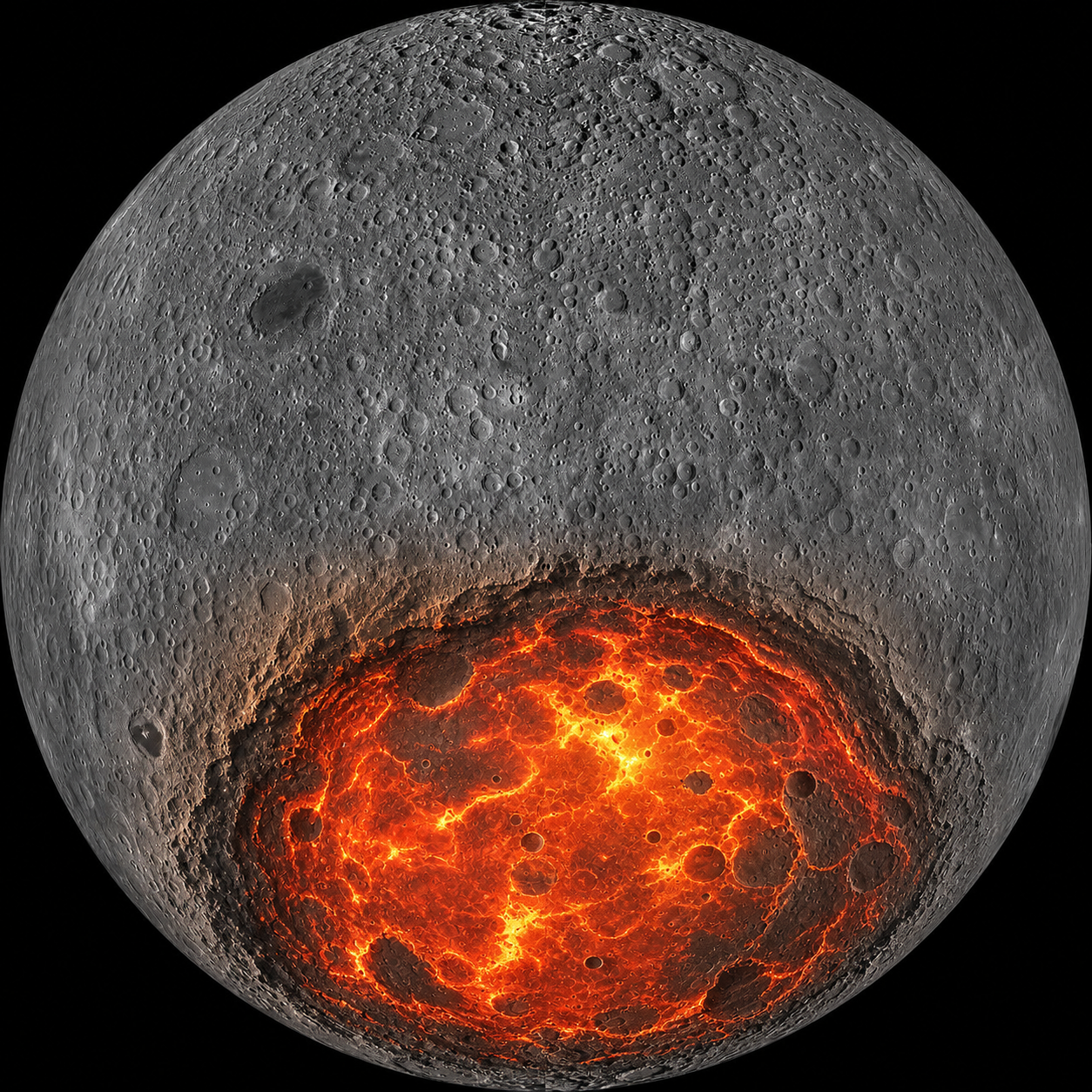 Based on imagery of the lunar farside, this illustration depicts the extensive melting of the South Pole-Aitken (SPA) basin interior caused by the giant impact. Photo: Courtesy of the Institute of Geology, Chinese Academy of Geological Sciences