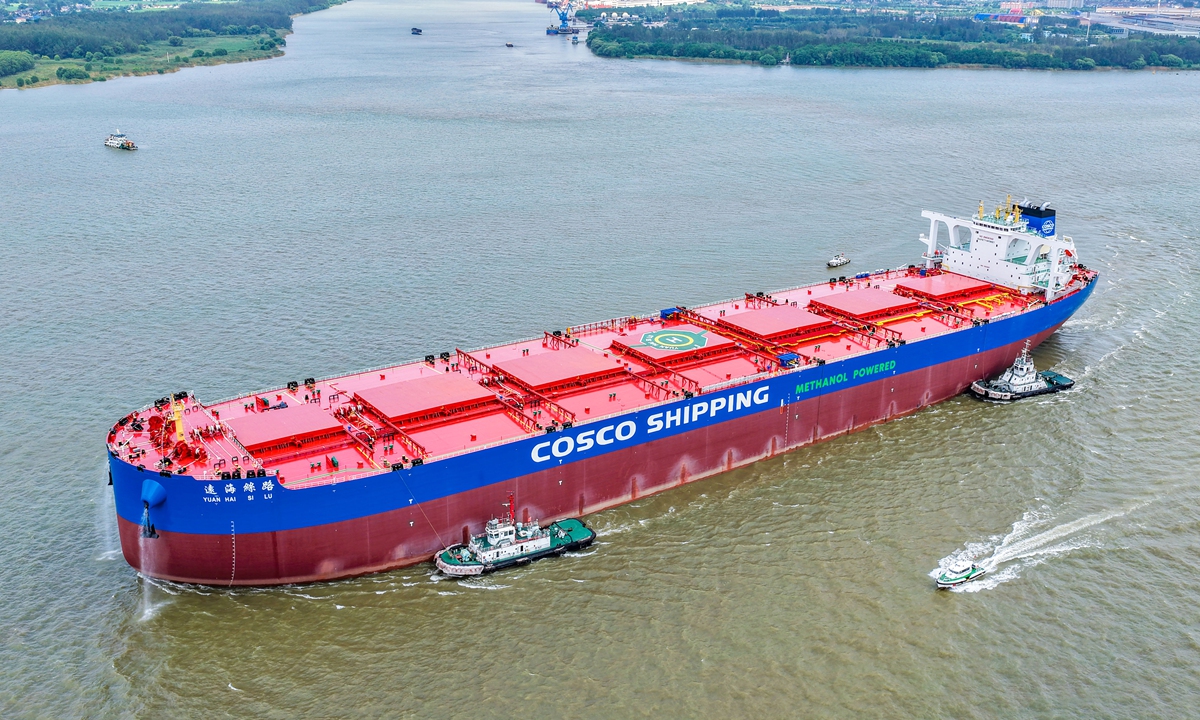 Yuanhai Silu, the world's first 325,000 deadweight ton methanol dual fuel ore carrier, sets out for sea trials in Yangzhou, East China's Jiangsu Province, on September 3, 2026. Built by Yangzhou COSCO Shipping Heavy Industry Co, the vessel measures 339.9 meters in length and will mainly transport iron ore between China and Latin America. Photo: VCG