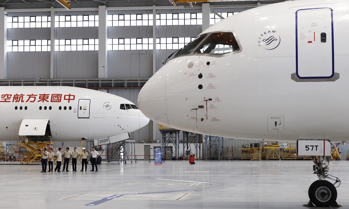 A plane is parked inside Asia's largest wide-body aircraft maintenance hangar in Shanghai on September 2, 2026. Located in the Lin-gang Special Area, the hangar, which began operations on the same day, covers about 46,000 square meters and can accommodate nine wide-body aircraft and two narrow-body aircraft simultaneously. Photo: VCG