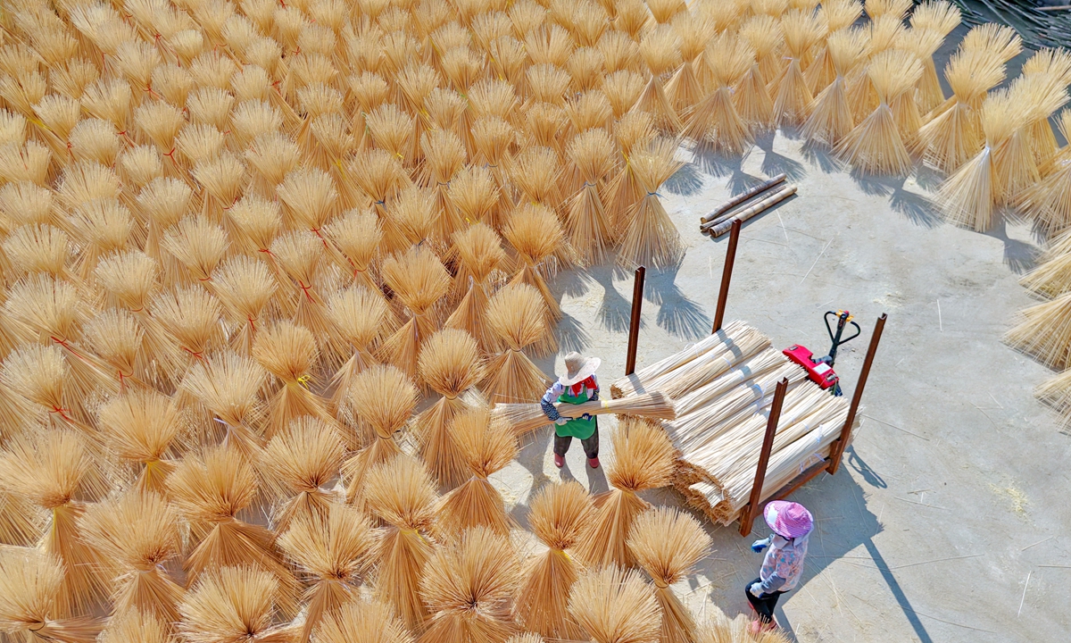 Villagers dry semi-finished bamboo strips in a village in Zhoutian Town, Ganzhou, East China's Jiangxi Province, on September 2, 2026. The local bamboo industry is promoting greener alternatives to plastics while turning abundant bamboo into a source of income for villagers. Photo: VCG