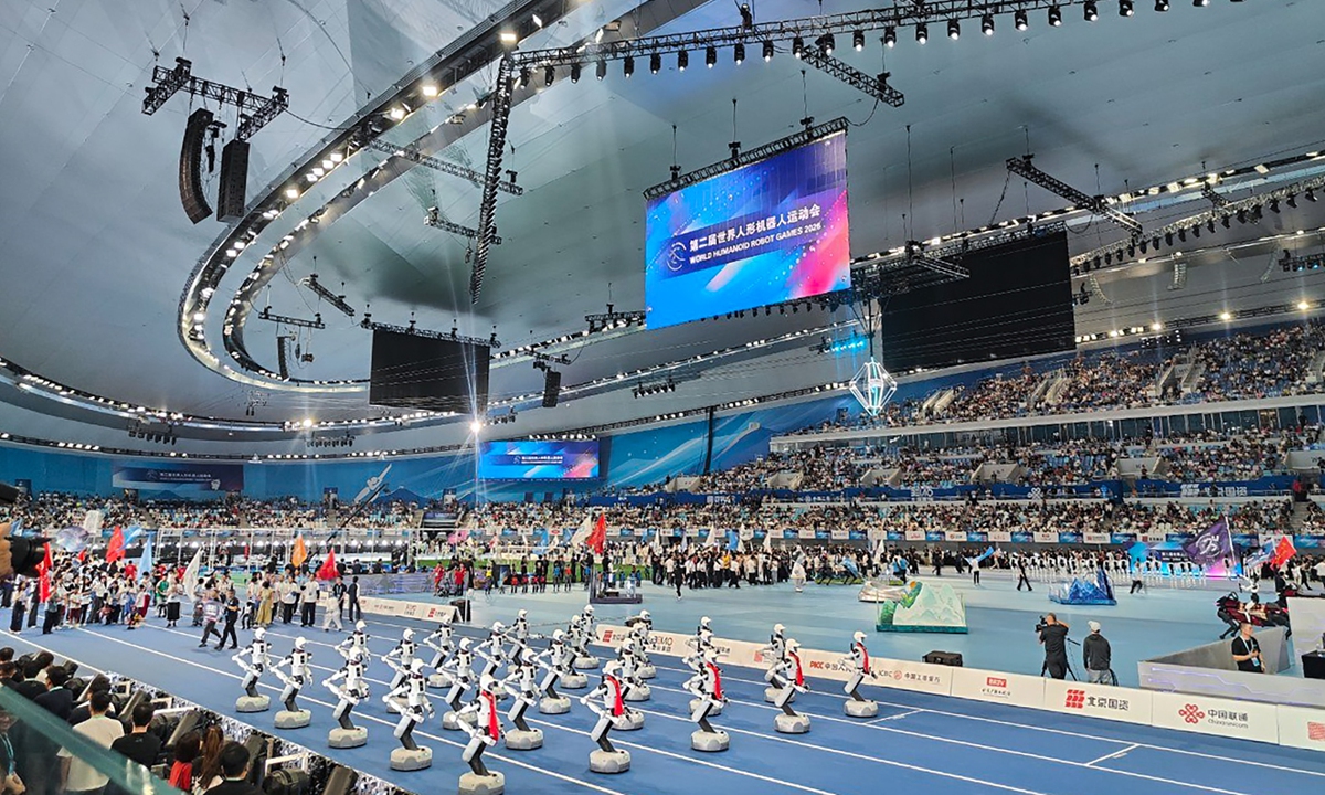 The opening ceremony of the second World Humanoid Robot Games is held at the National Speed Skating Oval, in Beijing on August 22, 2026. Photo: VCG