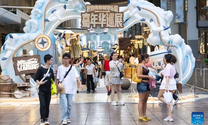 This photo taken on Sept. 3, 2026 shows a scene of a touring exhibition launched by Pop Mart at the Shanghai No.1 Department Store in east China's Shanghai. Chinese pop culture giant Pop Mart launched a touring exhibition on Monday, with Shanghai as its first stop. Running until November 1, the exhibition uses the Oriental Pearl Tower and the Shanghai No.1 Department Store as its venues, integrating designer toy culture into Shanghai's commercial districts. (Xinhua/Wang Xiang)

