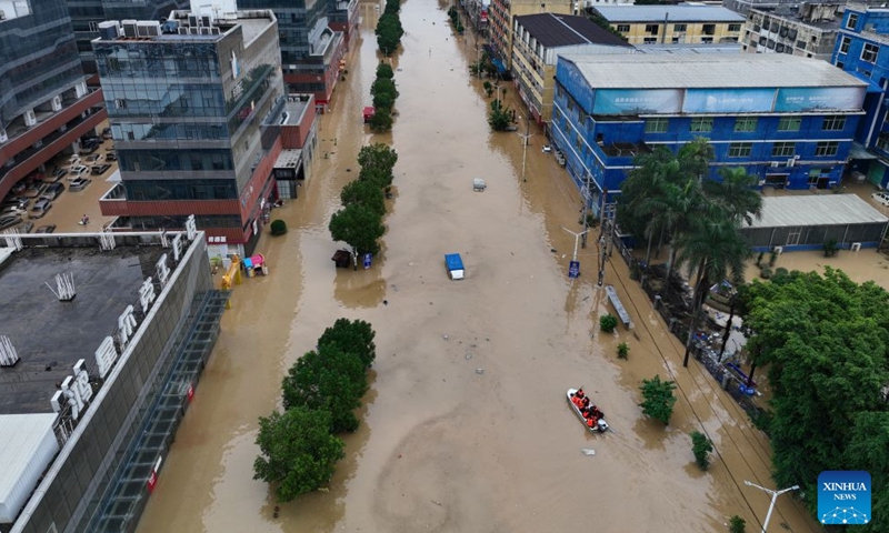 An aerial drone photo taken on Sept. 4, 2026 shows rescuers evacuating stranded people at the Hualin economic development zone in Putian City, southeast China's Fujian Province. Continuous torrential rains led to severe waterlogging at the Hualin economic development zone in Putian. The local authorities immediately organized rescue forces to evacuate over 3,000 stranded workers in the zone to safe areas. (Xinhua/Jiang Kehong)