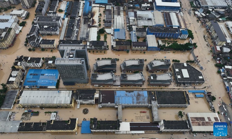 An aerial drone photo taken on Sept. 4, 2026 shows a waterlogged area at the Hualin economic development zone in Putian City, southeast China's Fujian Province. Continuous torrential rains led to severe waterlogging at the Hualin economic development zone in Putian. The local authorities immediately organized rescue forces to evacuate over 3,000 stranded workers in the zone to safe areas. (Xinhua/Jiang Kehong)