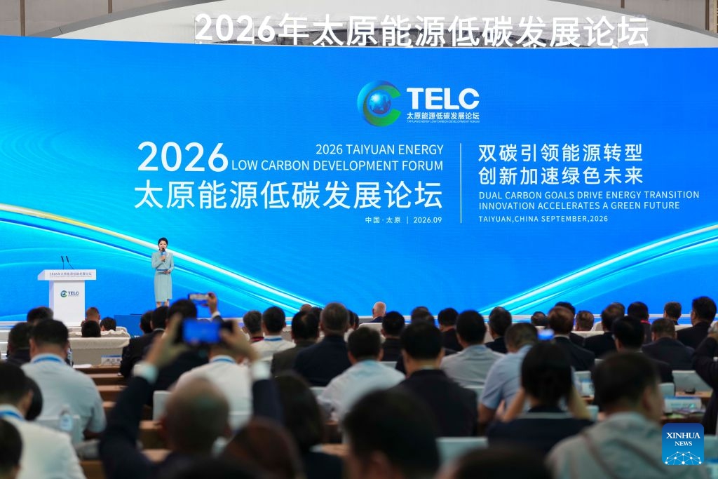 This photo taken on Sept. 4, 2026 shows a scene at the opening ceremony of the 2026 Taiyuan Energy Low-Carbon Development Forum in Taiyuan, north China's Shanxi Province. The 2026 Taiyuan Energy Low-Carbon Development Forum kicked off here on Friday. Themed on Dual Carbon Goals Drive Energy Transition, Innovation Accelerates a Green Future, the two-day event features multiple international conferences, parallel forums, and themed activities.

