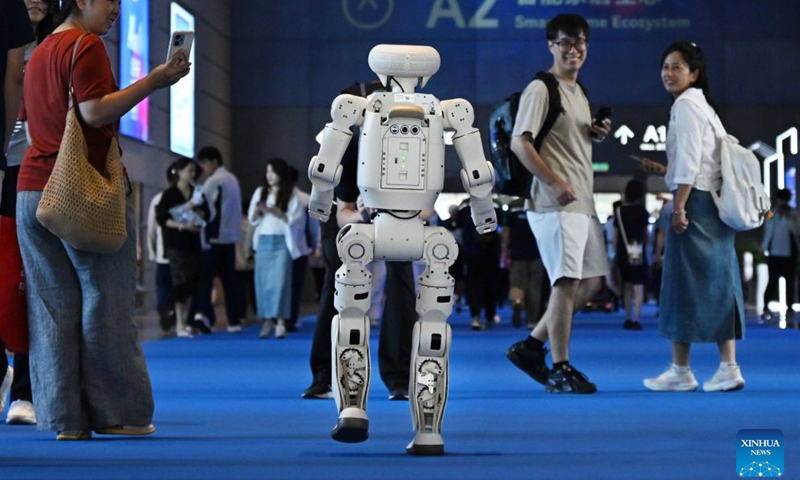 A humanoid robot is pictured at the 2026 China International Consumer Electronics Exposition (CICE) in Qingdao, east China's Shandong Province, Sept. 4, 2026.