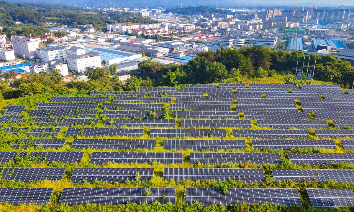 A once idle slope in Yuexi county, East China's Anhui Province, is covered with gleaming solar panels on September 6, 2026. By making the most of its abundant sunshine and repurposing barren hills and abandoned plots, the local region has been doubling down on clean energy projects, offering an example of how renewable energy can power rural revitalization. Photo: VCG
