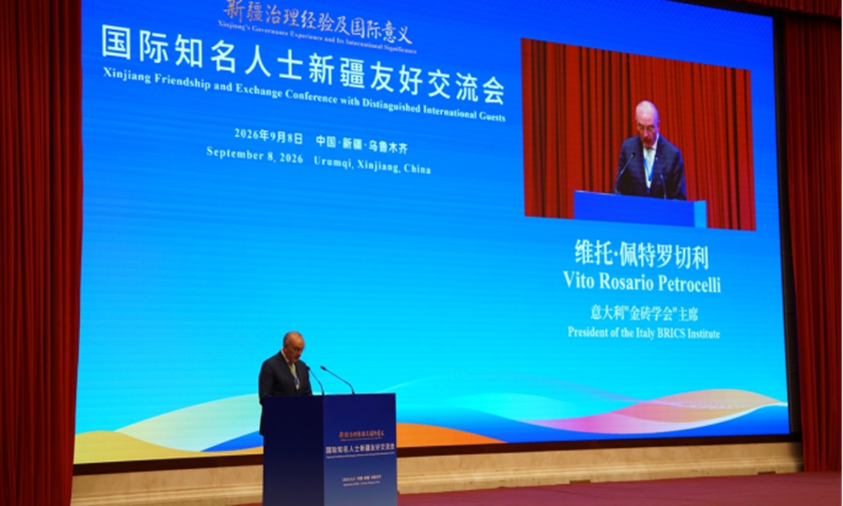 Vito Rosario Petrocelli, president of the Italy BRICS Institute, speaks during the Xinjiang Friendship and Exchange Conference with Distinguished International Guests on September 8, 2026 in Urumqi, Southwest China's Xinjiang Uygur Autonomous Region. Photo: Feng Fan/GT