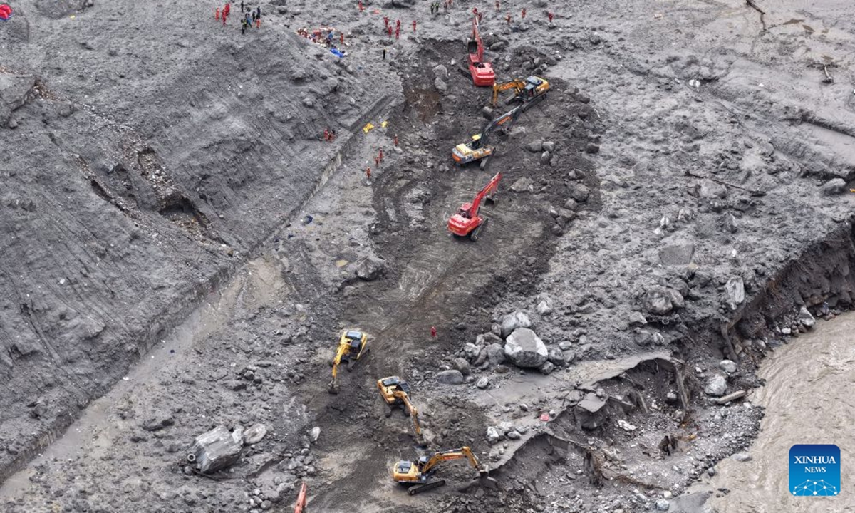 An aerial drone photo shows road clearance and repair operations underway at the core area of the mudslide-hit Gyirong Port in Southwest China's Xizang Autonomous Region, September 2, 2026. Photo: Xinhua