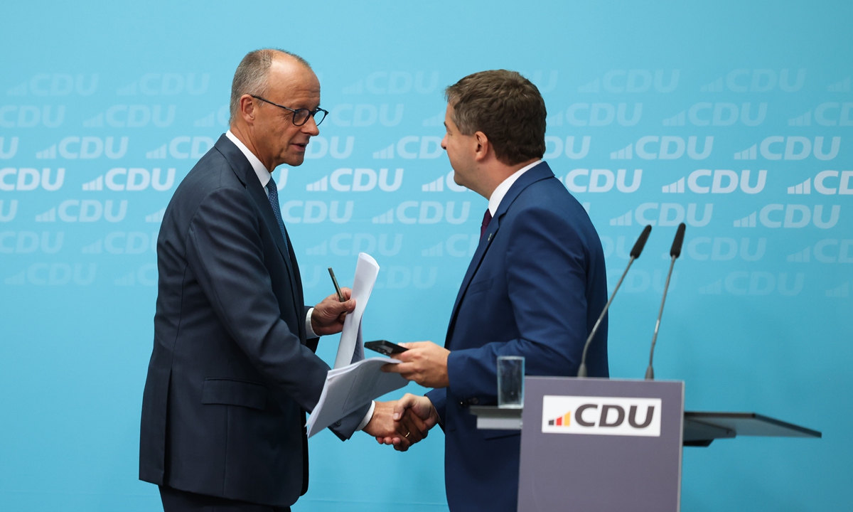 German Chancellor Friedrich Merz and Sven Schulze, state premier for Saxony-Anhalt, during a news conference in Berlin, Germany, on September 7, 2026. The far-right Alternative for Germany (AfD) has won Sunday's state election in Saxony-Anhalt with a record 44.4 percent of the vote, media reported. Photo: VCG
