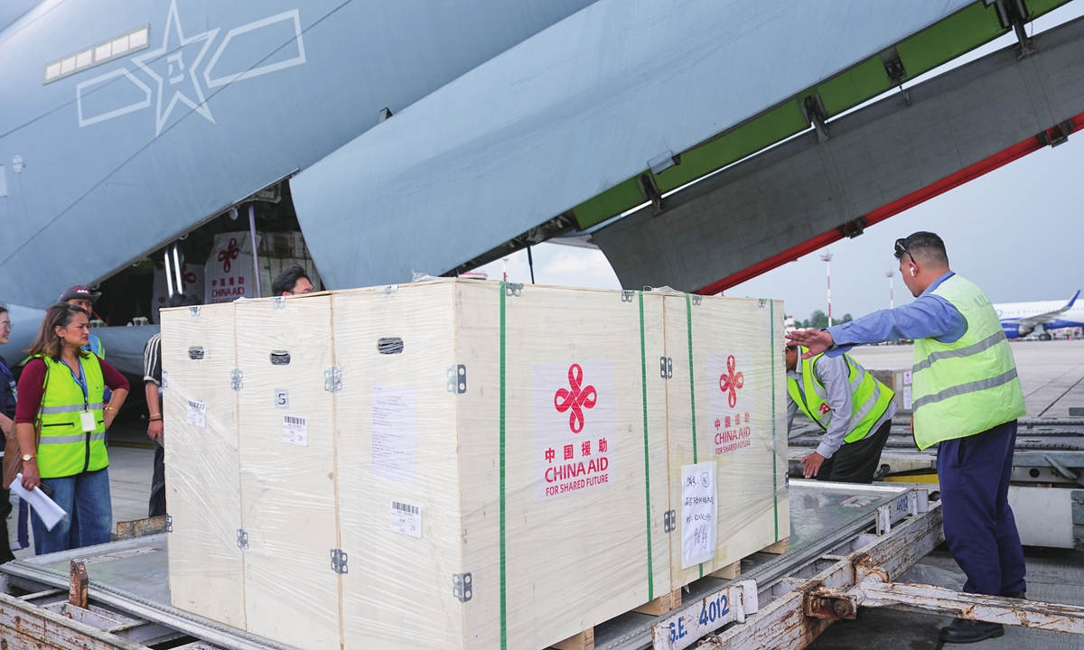 China's fourth batch of emergency relief supplies for Nepal arrives in the capital Kathmandu aboard a Chinese Air Force Y-20 large transport aircraft on September 8, 2026. The supplies, including inflatable rescue boats, backup batteries and solar-powered lamps, were provided based on Nepal's most urgent needs. Photo: VCG
