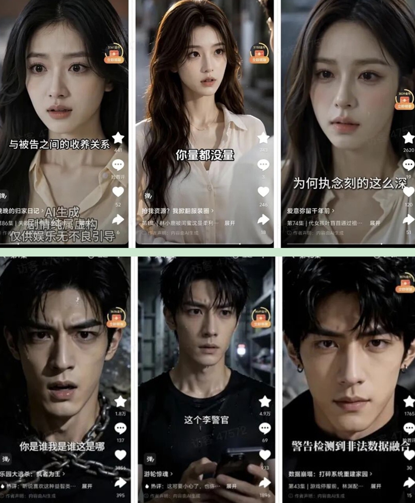 Screenshots of the short drama videos featuring AI characters sharing near-identical faces