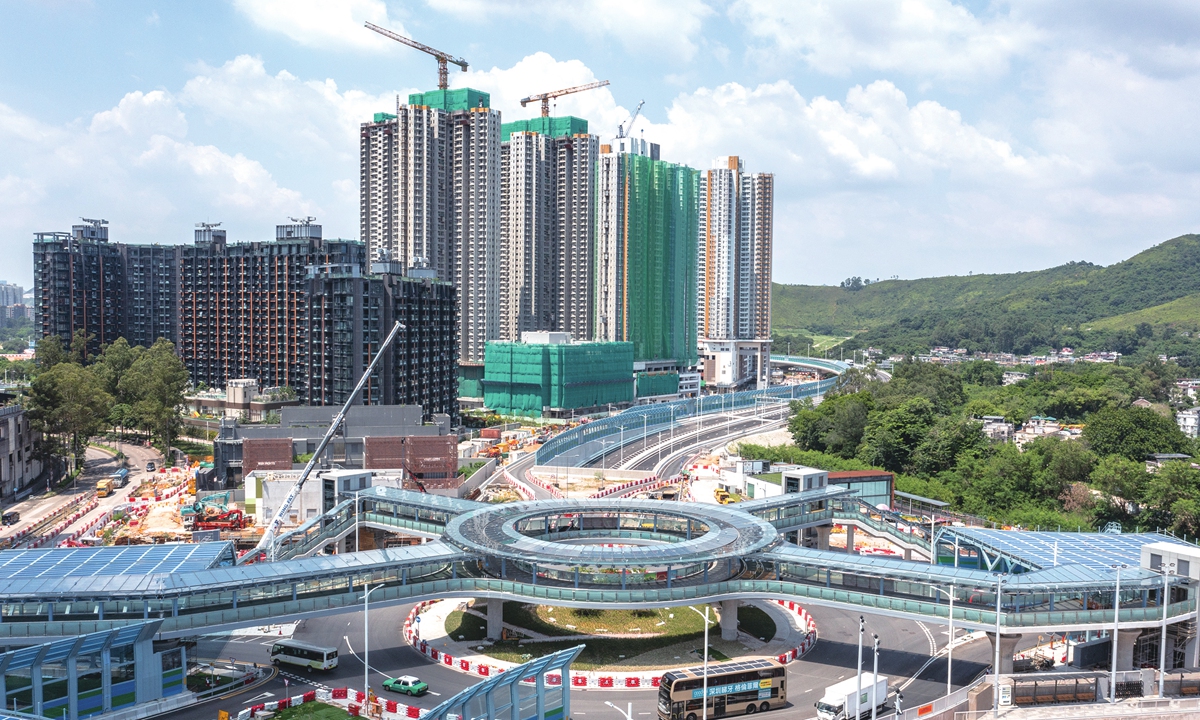 Cranes sit atop buildings under construction in the Fanling North New Development Area in the Hong Kong Special Administrative Region on September 10, 2026. Hong Kong's first five-year plan is set to be officially announced on September 16. The area, part of the Northern Metropolis regarded as a new engine for Hong Kong's future development, is expected to accommodate approximately 95,100 additional residents and provide around 14,400 employment opportunities. Photo: VCG