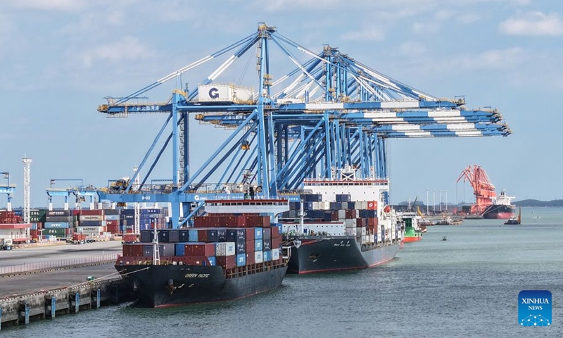 A drone photo taken on Sept. 3, 2026 shows an automated container wharf of the Beibu Gulf Port in Qinzhou, south China's Guangxi Zhuang Autonomous Region.(Xinhua/Zhang Ailin)