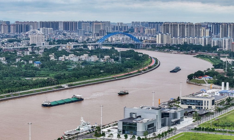 This photo taken on Sept. 4, 2026 shows vessels taking part in a comprehensive navigation drill on the Pinglu Canal in Qinzhou, south China's Guangxi Zhuang Autonomous Region.(Xinhua/Cao Yiming)